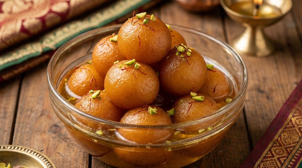 A bowl of glossy, syrup-soaked gulab jamun topped with saffron strands and bright green pistachios