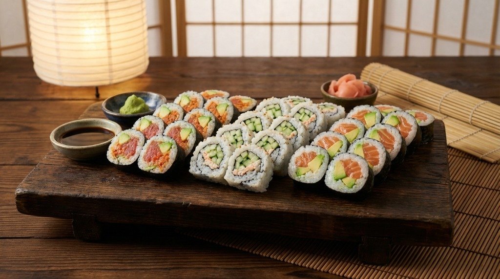 A large platter of assorted sushi rolls on a wooden board