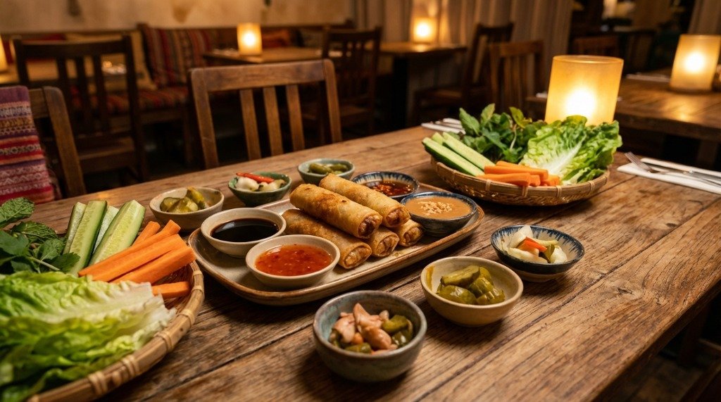 A restaurant style presentation of spring rolls on a table with various dipping sauces and fresh carrots
