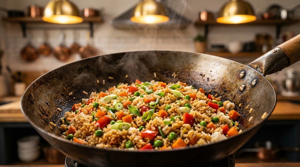 Authentic Chinese fried rice being tossed in a professional kitchen setting