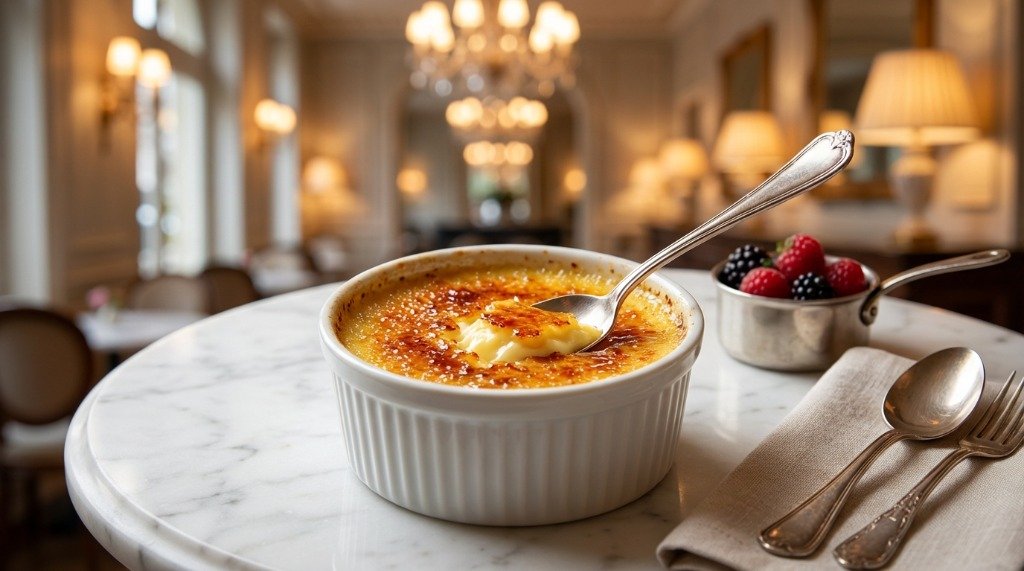 An authentic French bistro dessert plate featuring a creme brulee with a cracked crust and a side of fresh forest berries