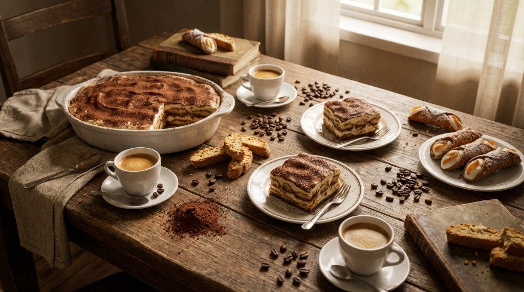 Atmospheric Italian café table with a large tiramisu dish, espresso cups, and Italian pastries