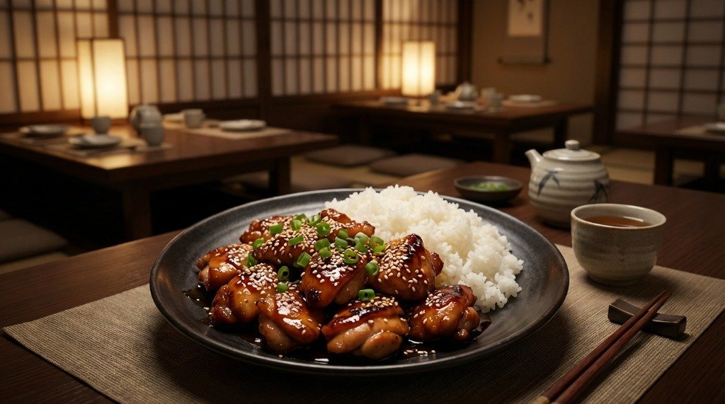 An authentic serving of chicken teriyaki on a black ceramic plate with white rice and green tea