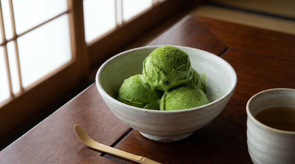 Three scoops of matcha ice cream in a ceramic bowl served in a quiet zen Japanese cafe with sunlight streaming through a shoji screen window