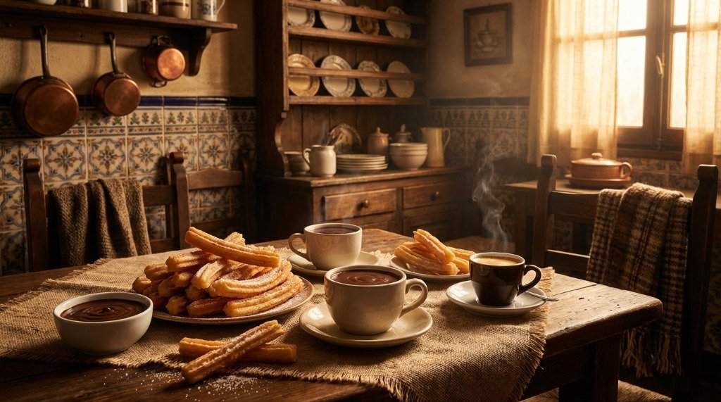 A rustic Spanish breakfast scene with a pile of hot churros, cups of thick hot chocolate, and steaming coffee on a wooden table