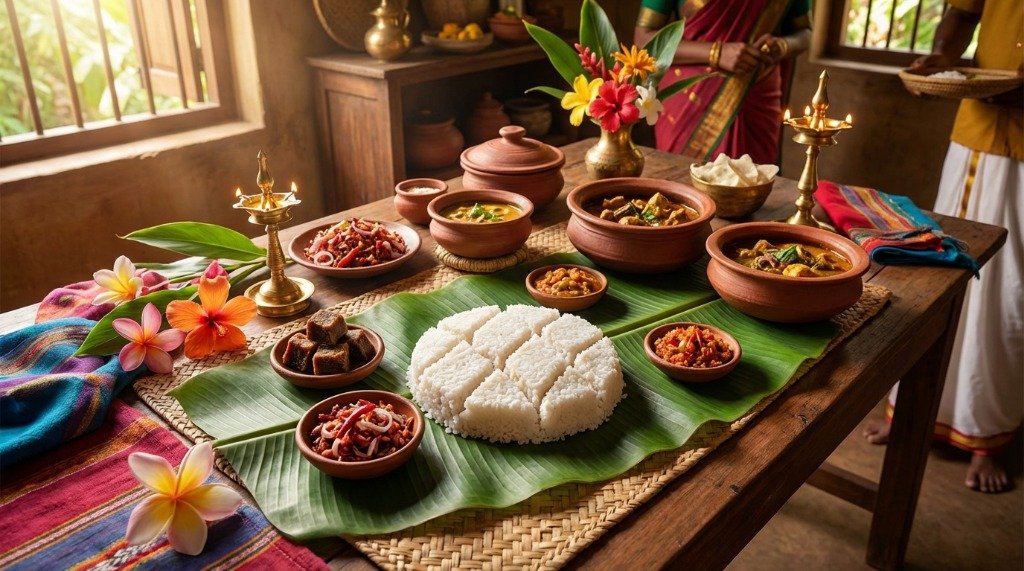 A grand authentic Sri Lankan festive table spread featuring Kiribath, spicy Lunu Miris, and Kavum