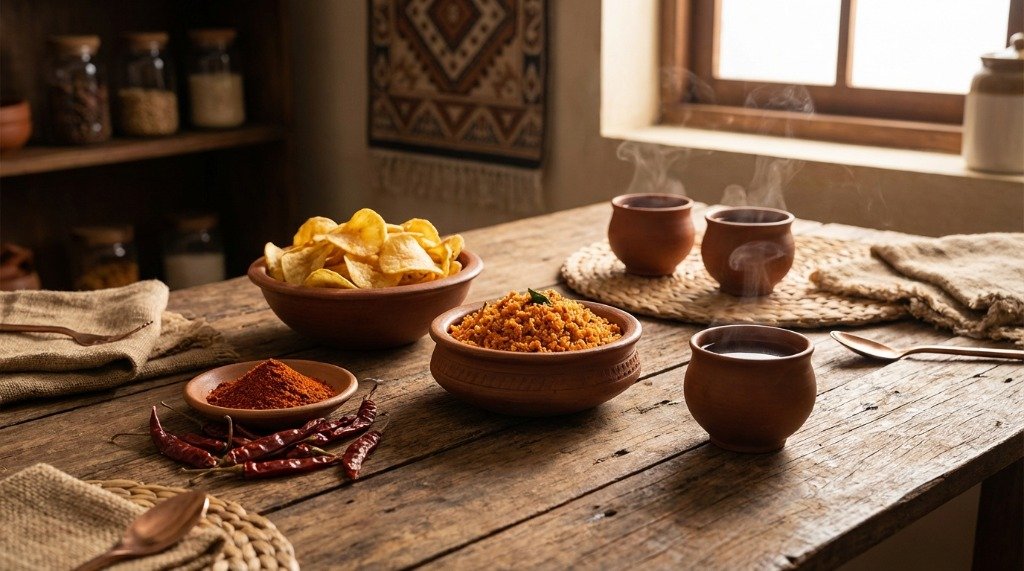 A traditional Sri Lankan evening tea table with manioc chips and other spicy short eats