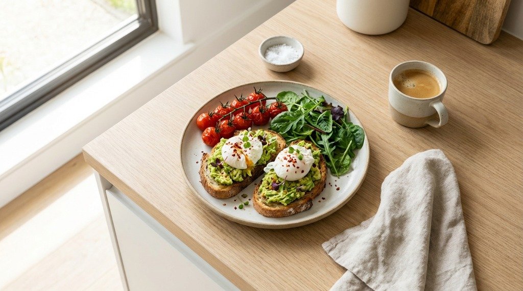 Avocado toast serving suggestion with salad