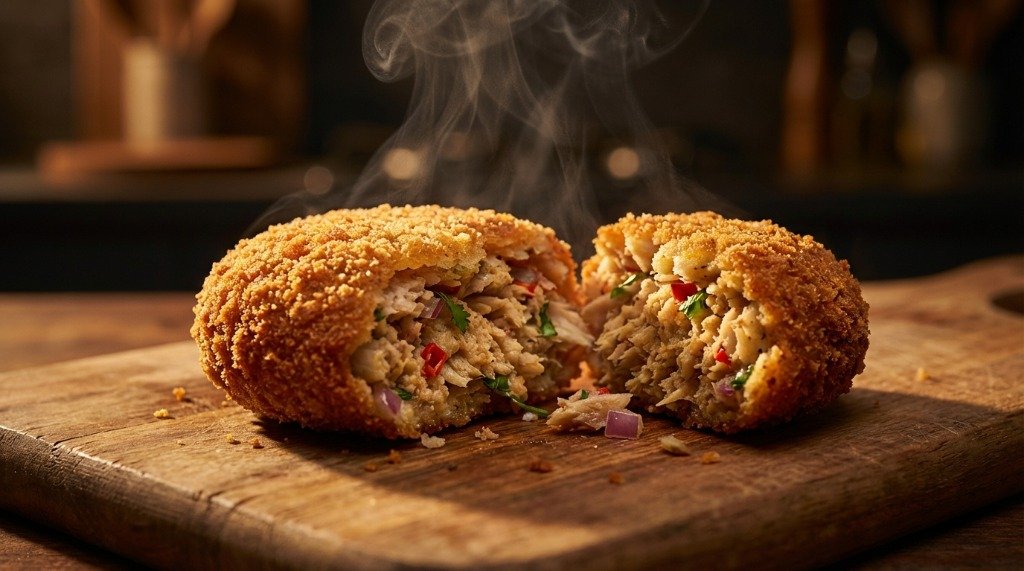 Inside view of a freshly fried fish cutlet showing steaming spicy fish and potato filling surrounded by a crispy shell