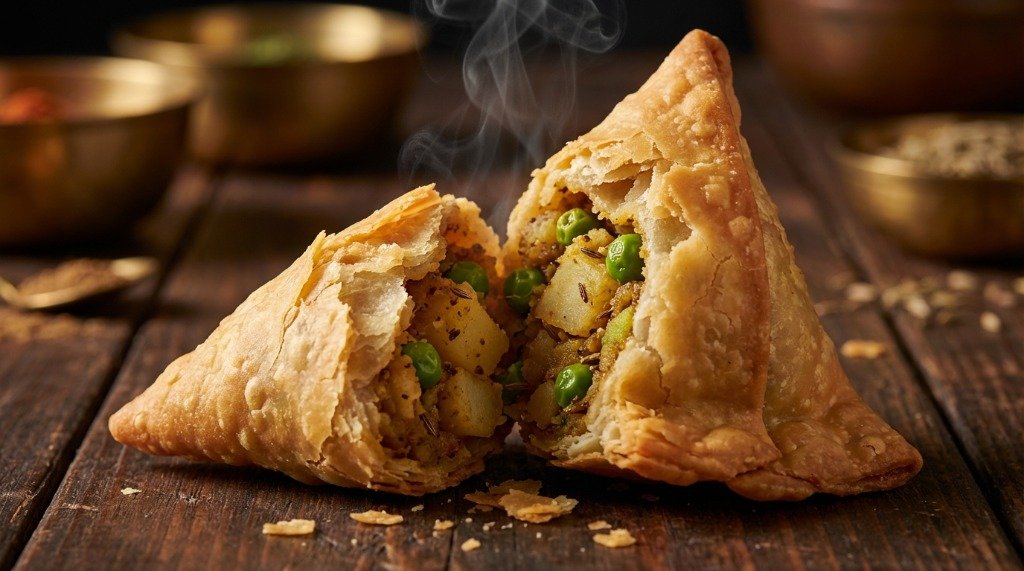 Close-up of a broken-open crispy samosa showing steaming spicy potato and pea filling