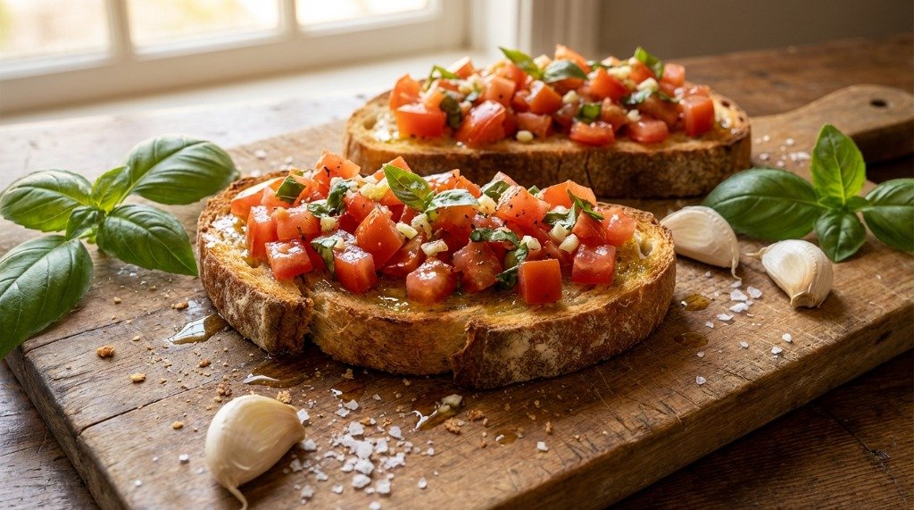 Rubbing a fresh garlic clove over a warm slice of toasted rustic bread