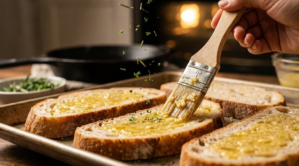 Brushing melted garlic and herb butter onto thick slices of sourdough bread on a baking tray