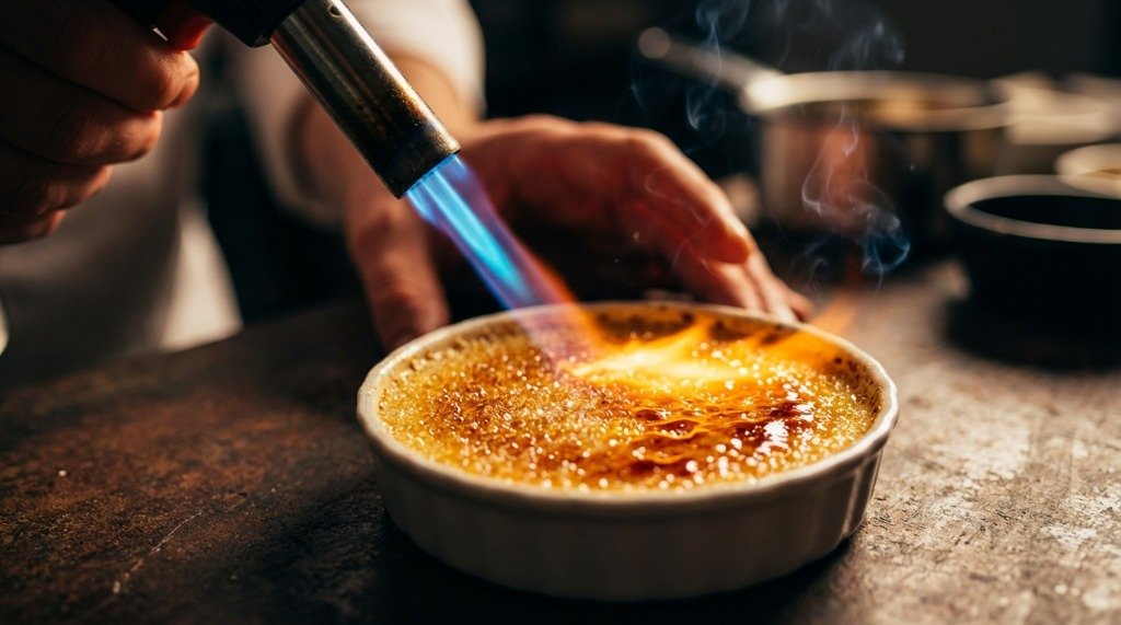 A chef using a high powered kitchen torch to caramelize a thin layer of sugar on top of a chilled creme brulee in a ceramic ramekin