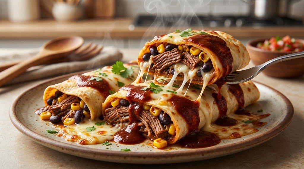 A fork pulling apart a cheesy rolled beef enchilada revealing the seasoned filling