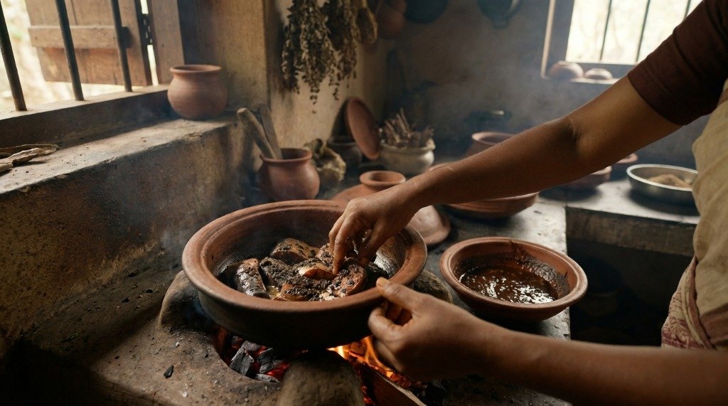 Chef arranging marinated fish chunks in a traditional clay pot over a wood hearth