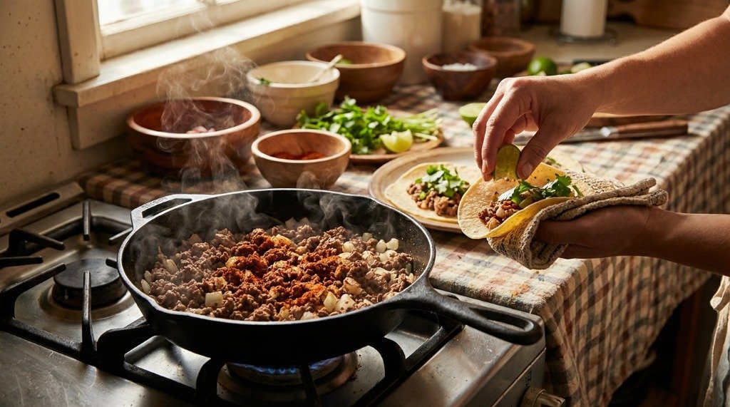Chef browning ground beef in a cast iron skillet for taco filling