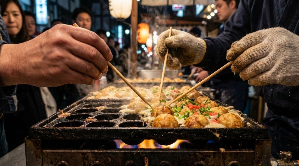 Chef using wooden sticks to expertly rotate and shape golden takoyaki balls in a specialty pan