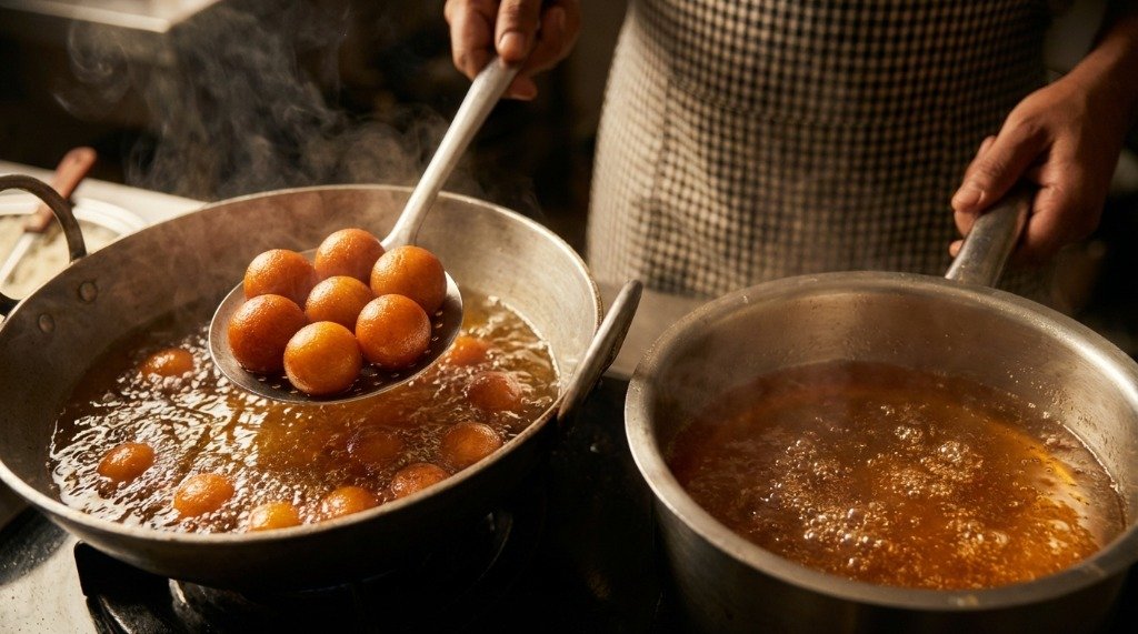Chef lifting golden gulab jamun balls from hot oil with a slotted spoon next to a pot of bubbling syrup