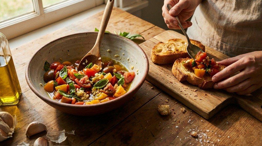 Chef spooning freshly prepared tomato and basil topping onto crispy toasted baguette slices