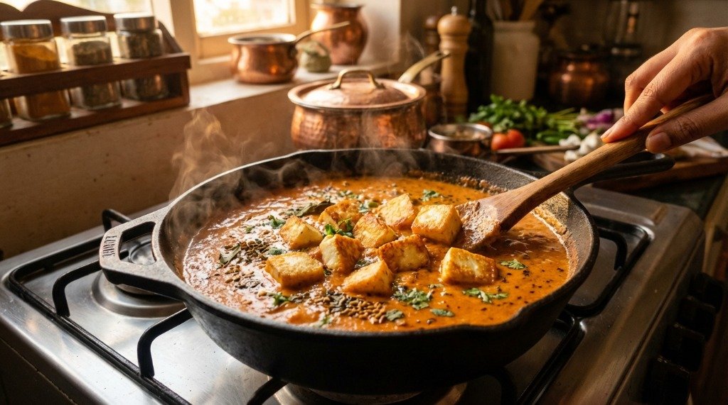 Chef stirring creamy paneer butter masala in a black iron skillet