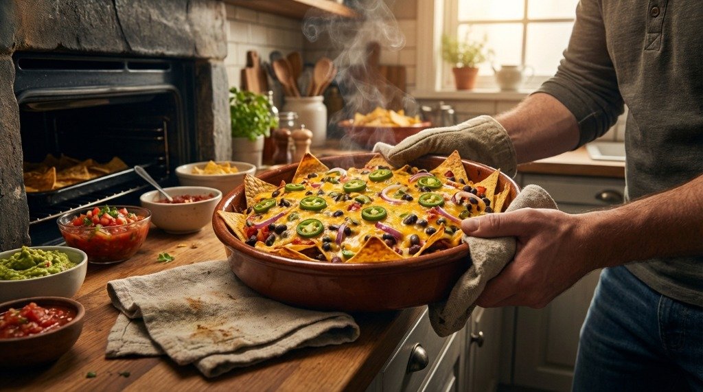 Chef removing a tray of sizzling, melted cheese nachos from a warm brick oven