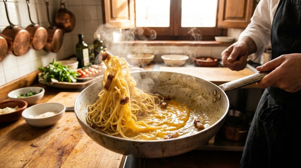 Chef tossing silky spaghetti carbonara in a stainless steel pan