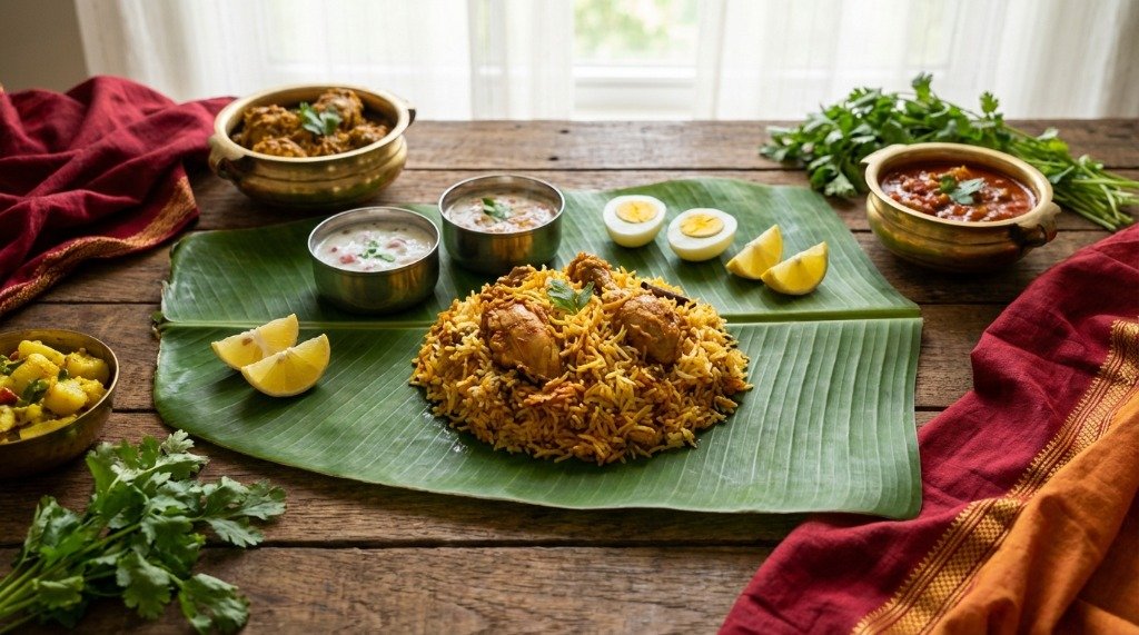 Chicken biryani served on a traditional banana leaf