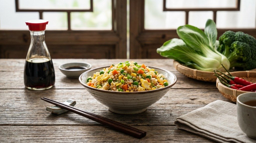 A steaming bowl of Chinese vegetable fried rice served with traditional chopsticks
