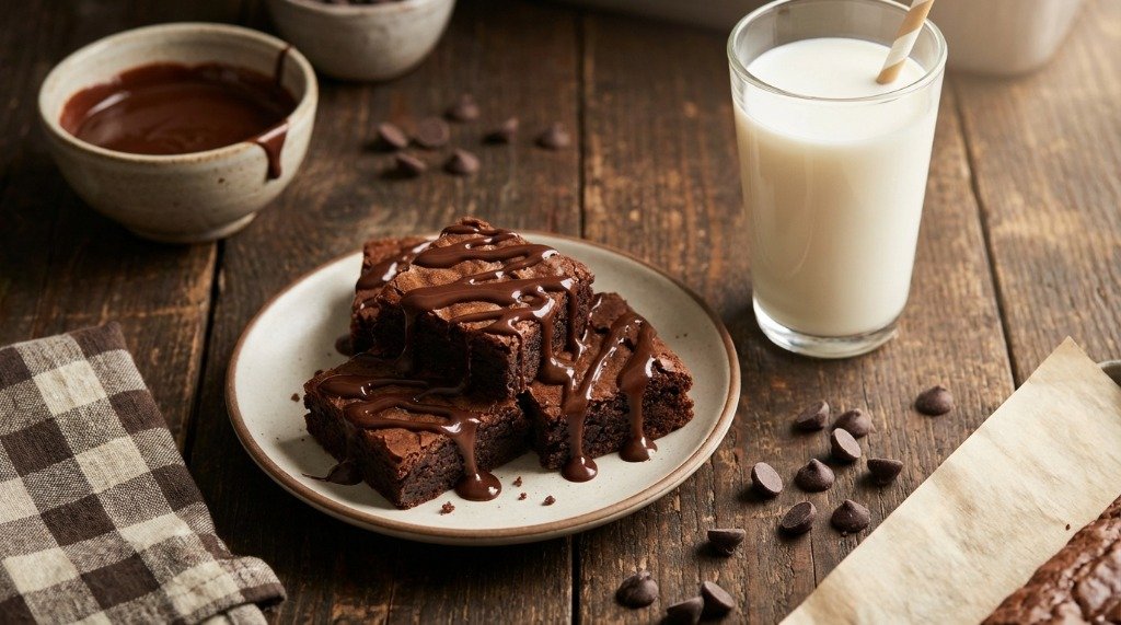 A plate of fudgy brownies drizzled with extra chocolate sauce served with a refreshing glass of milk on a rustic wooden table