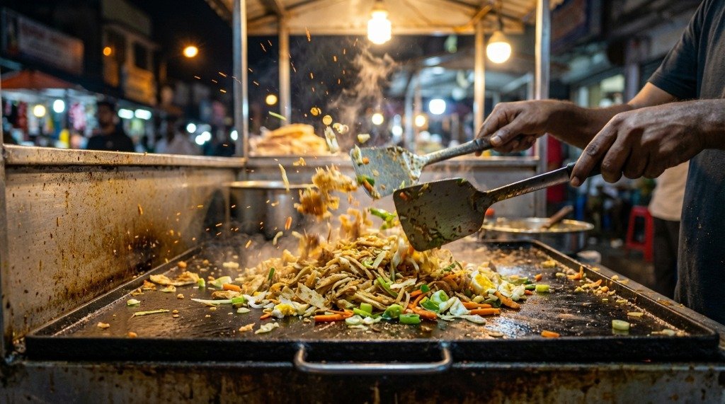 Dynamic action shot of kottu roti being chopped and stir-fried on a hot griddle with sparks