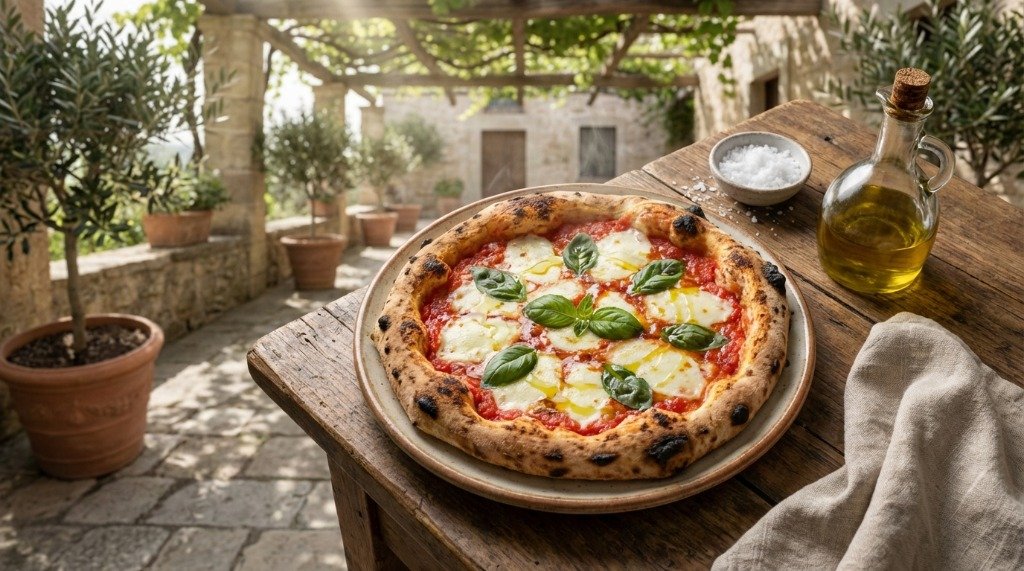 Pizza Margherita on a rustic table with cooling steam