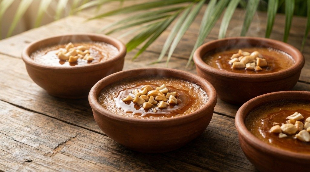 Richly colored watalappan in small clay pots showing the air pockets and topped with golden cashews and dark kithul treacle