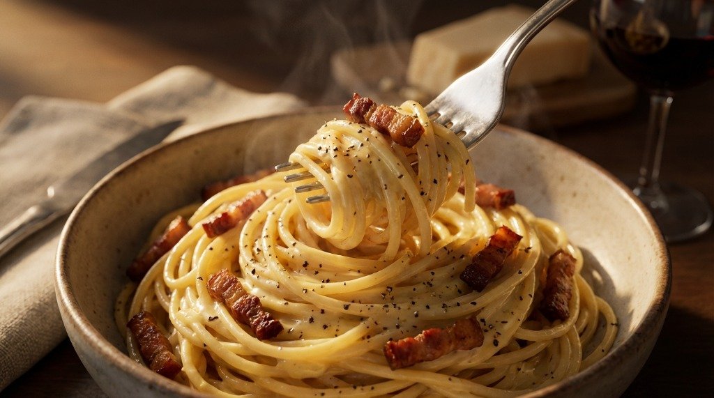 Extreme close-up of creamy spaghetti carbonara on a fork with pancetta