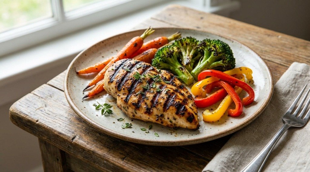 A vibrant plate of grilled chicken breast and roasted seasonal vegetables