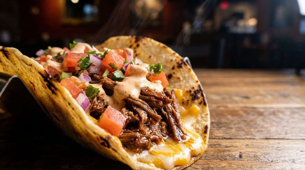 Close-up of a loaded beef taco with melted cheese, fresh tomato, and creamy sauce