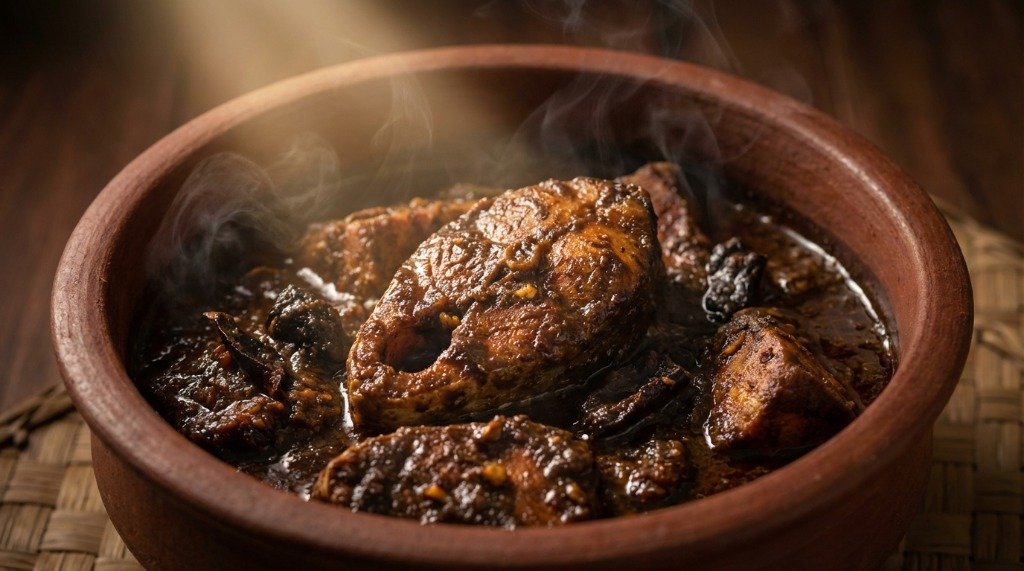 Close-up of steaming fish ambul thiyal cooking slowly in its dark, peppery juices