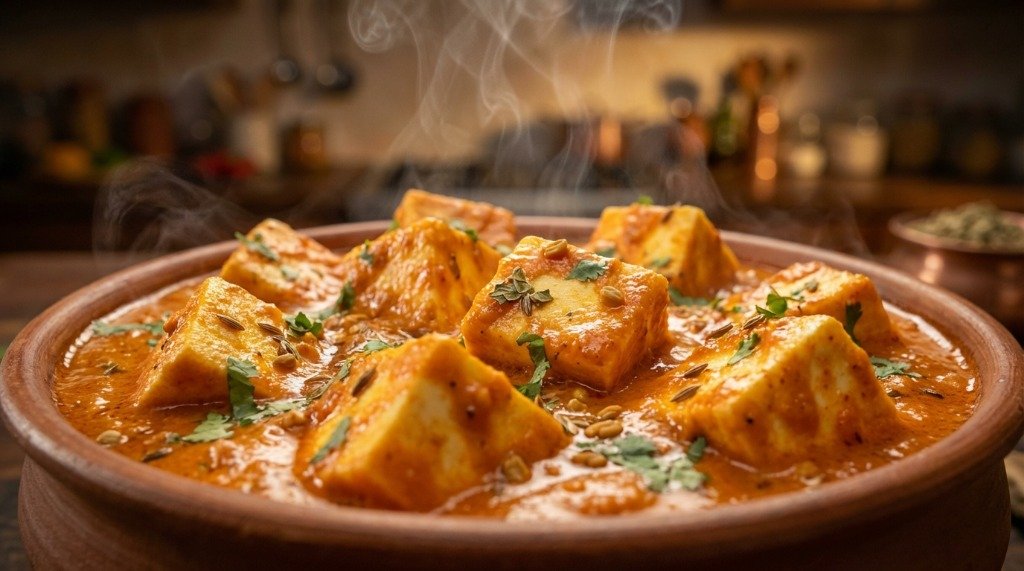 Close-up of tender paneer cubes in a rich orange butter masala gravy