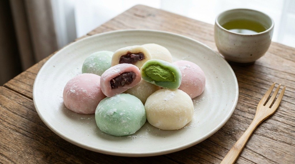 Beautifully plated pink, green, and white mochi on a ceramic dish served with green tea on a wooden table