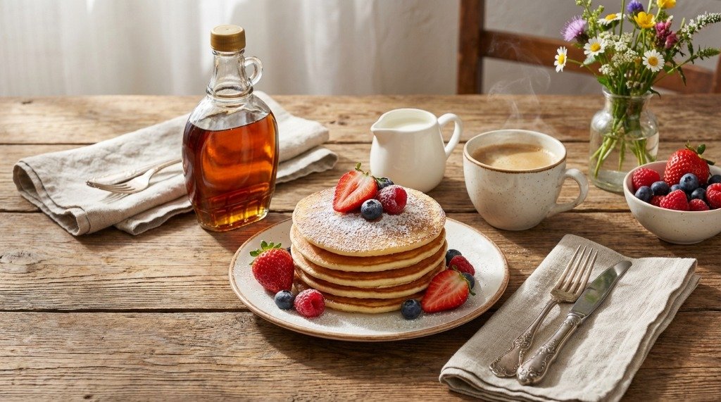 A complete pancake breakfast spread on a bright morning table with coffee and fruit