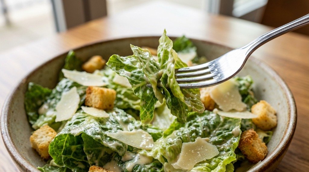 Rich and creamy Caesar salad dressing on a fresh lettuce leaf close-up