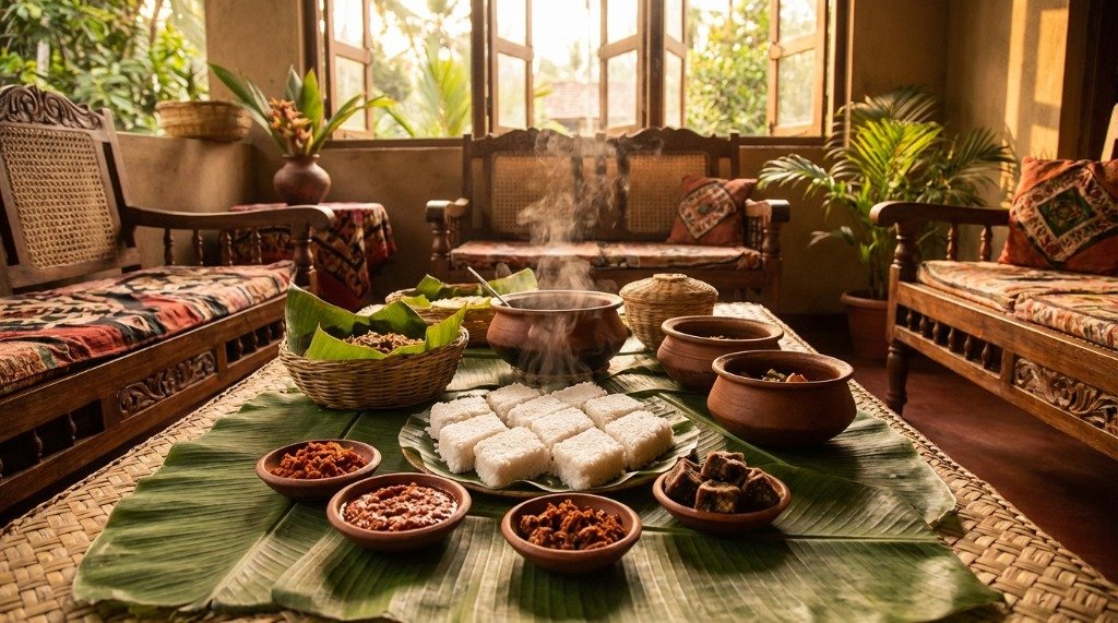 Rich and creamy Kiribath pieces served traditionally on a fresh green banana leaf