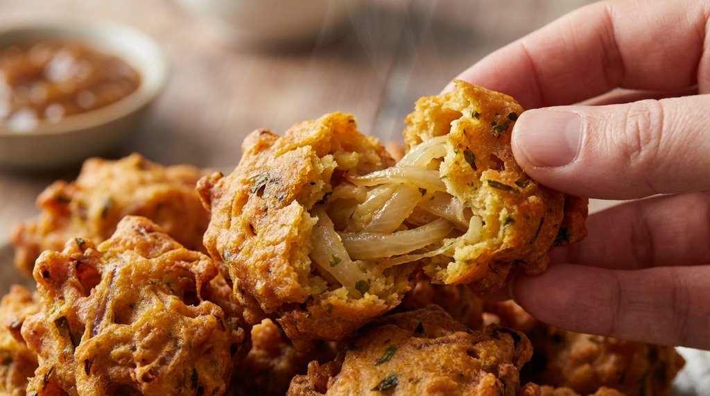 A crispy golden onion pakora being pulled apart showing the soft and seasoned onion filling