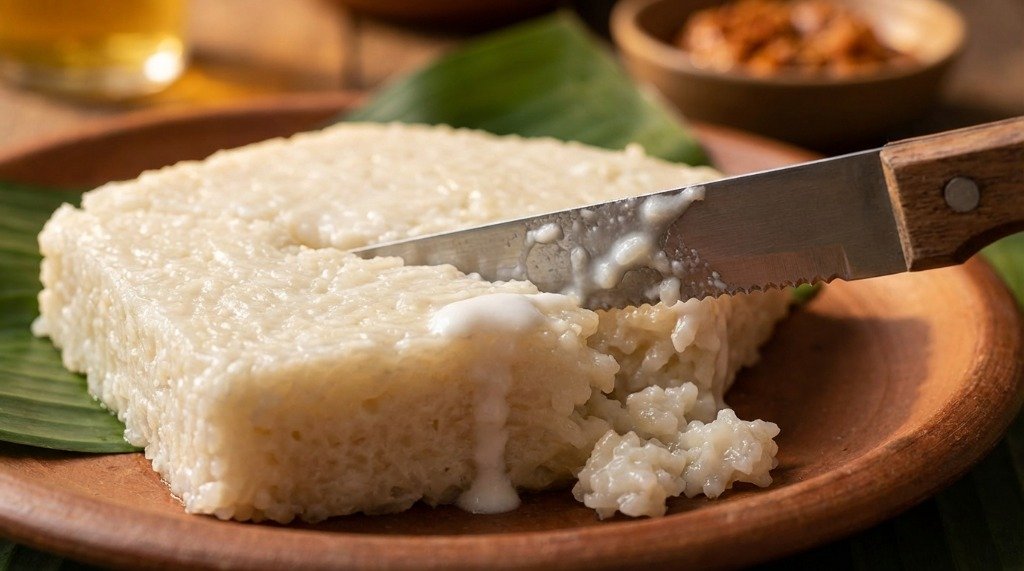 Cutting fresh milk rice into traditional diamond-shaped pieces with a sharp knife