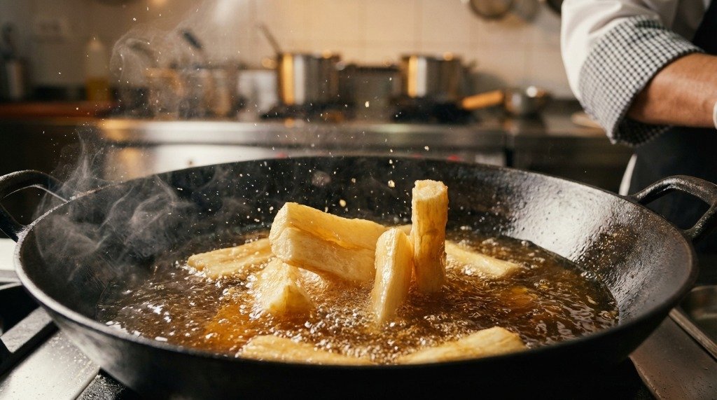 Chef deep frying sliced cassava manioc pieces in a hot oil wok in a professional kitchen