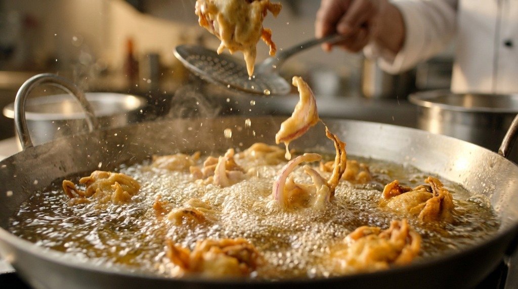Chef deep frying golden onion pakoras in a hot oil kadai over a high flame