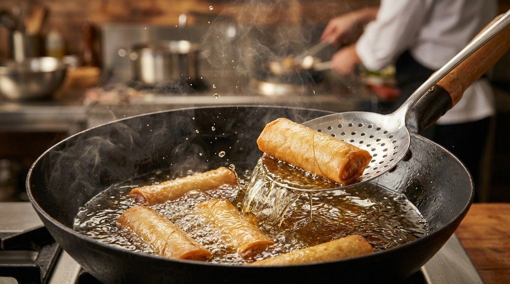 A batch of spring rolls being deep fried in a black wok until golden brown