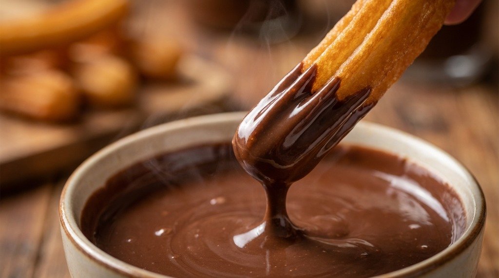A close up shot of a perfectly fried sugar coated churro being dipped into a bowl of glossy thick dark chocolate sauce