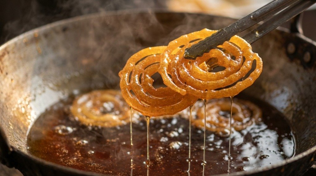 A pair of metal tongs holding a crispy golden jalebi while dipping it into a pool of saffron infused sugar syrup