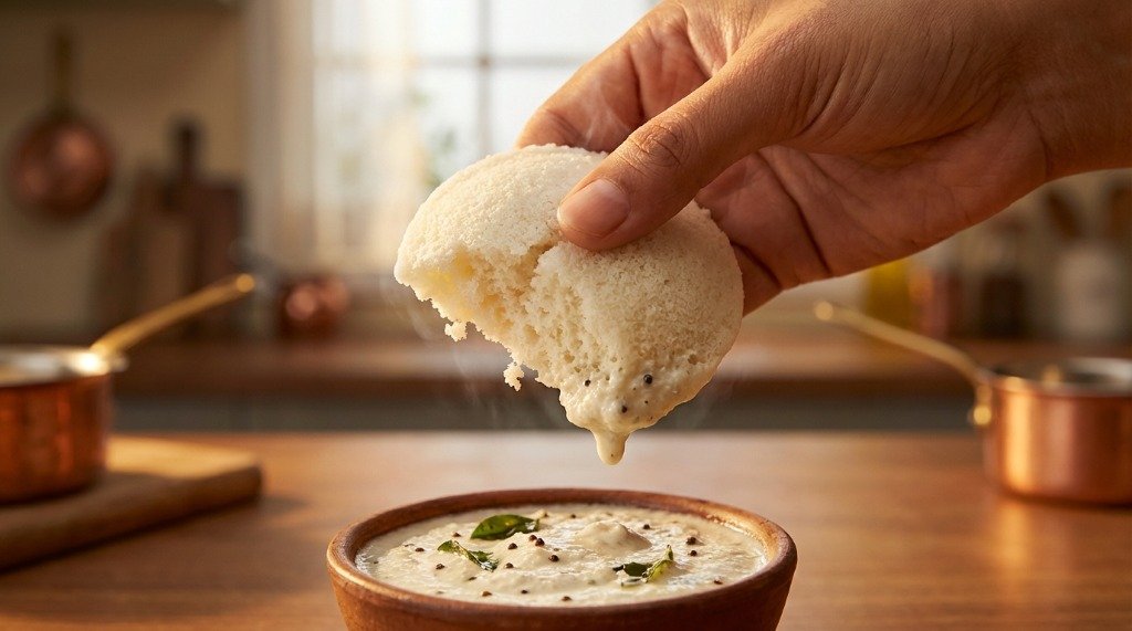 A fluffy idli being dipped into fresh, aromatic coconut chutney