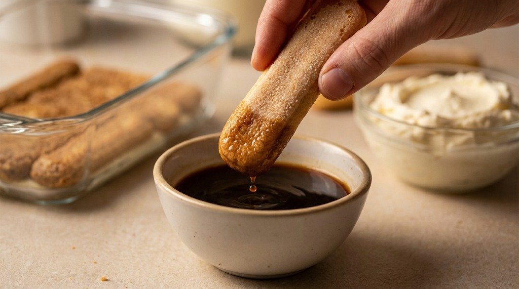 Chef hand-dipping a ladyfinger biscuit into a bowl of rich espresso coffee with a drip falling back into the bowl